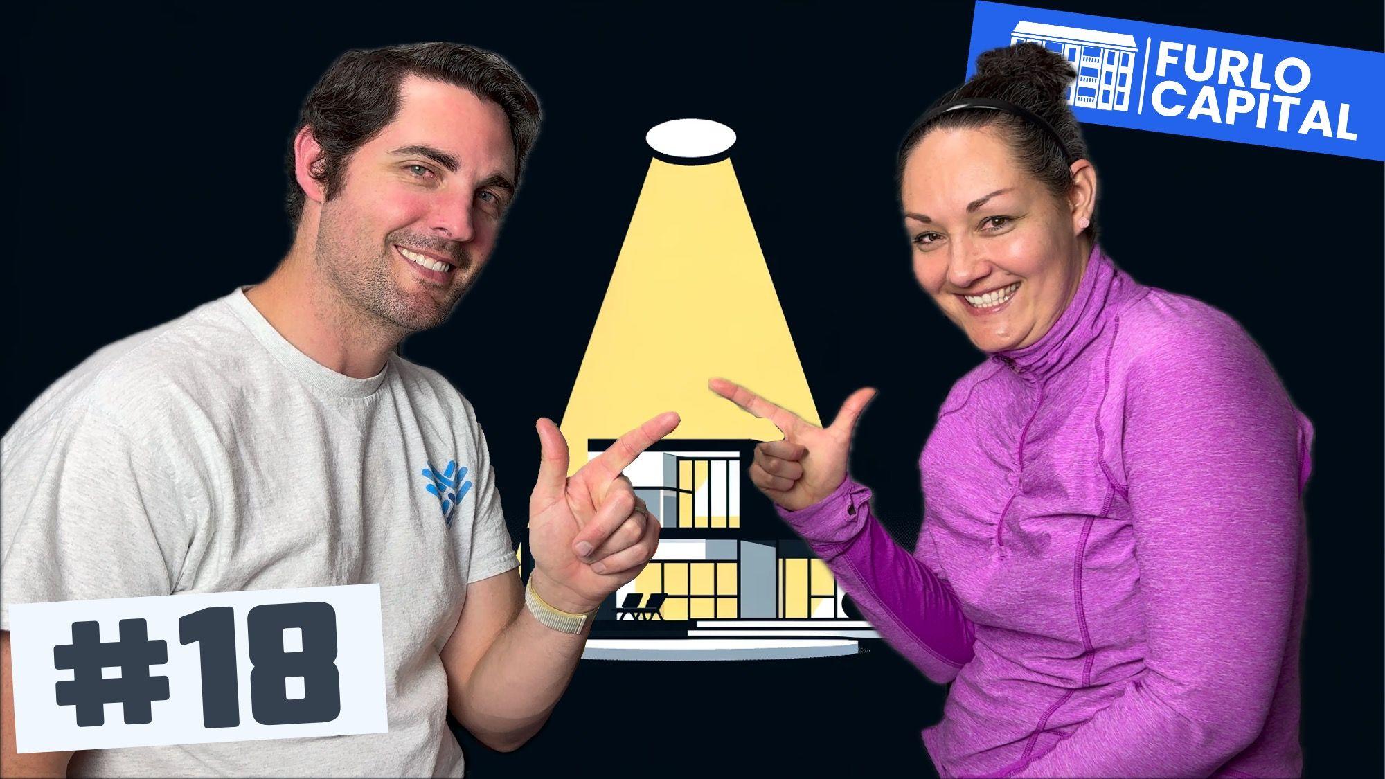 James and Jessi showing a peace sign with a spotlight over a duplex in the background