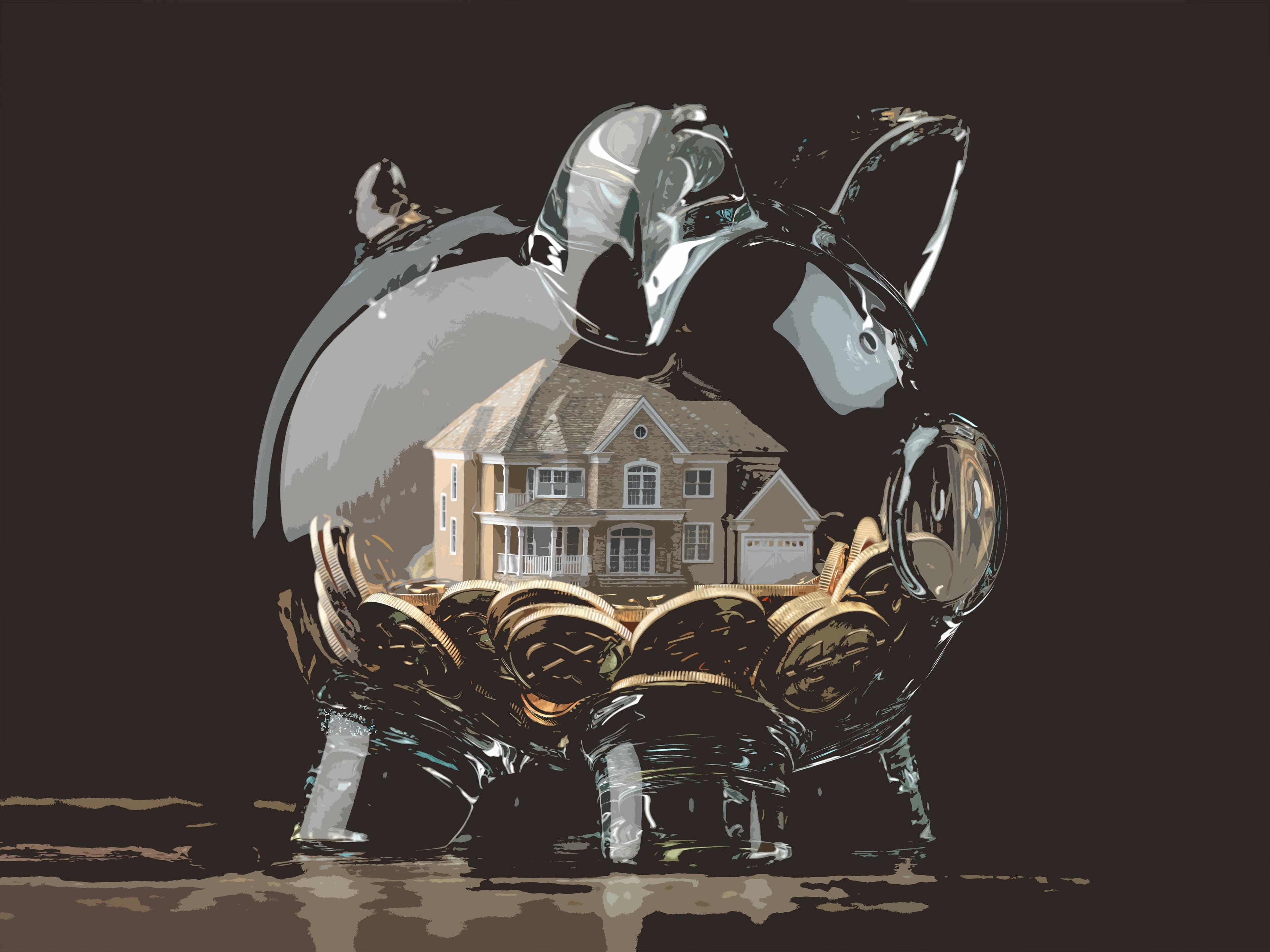 Glass Piggy Bank with House and Money Inside