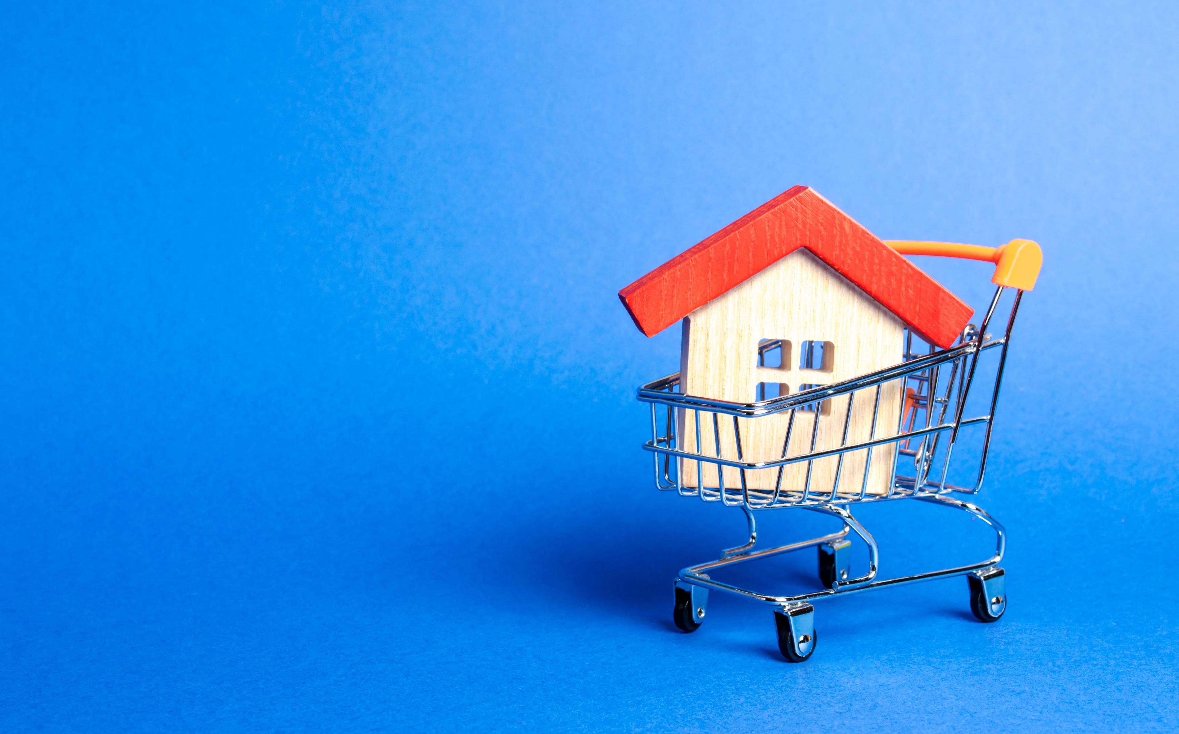 A small wooden house in a shopping cart.